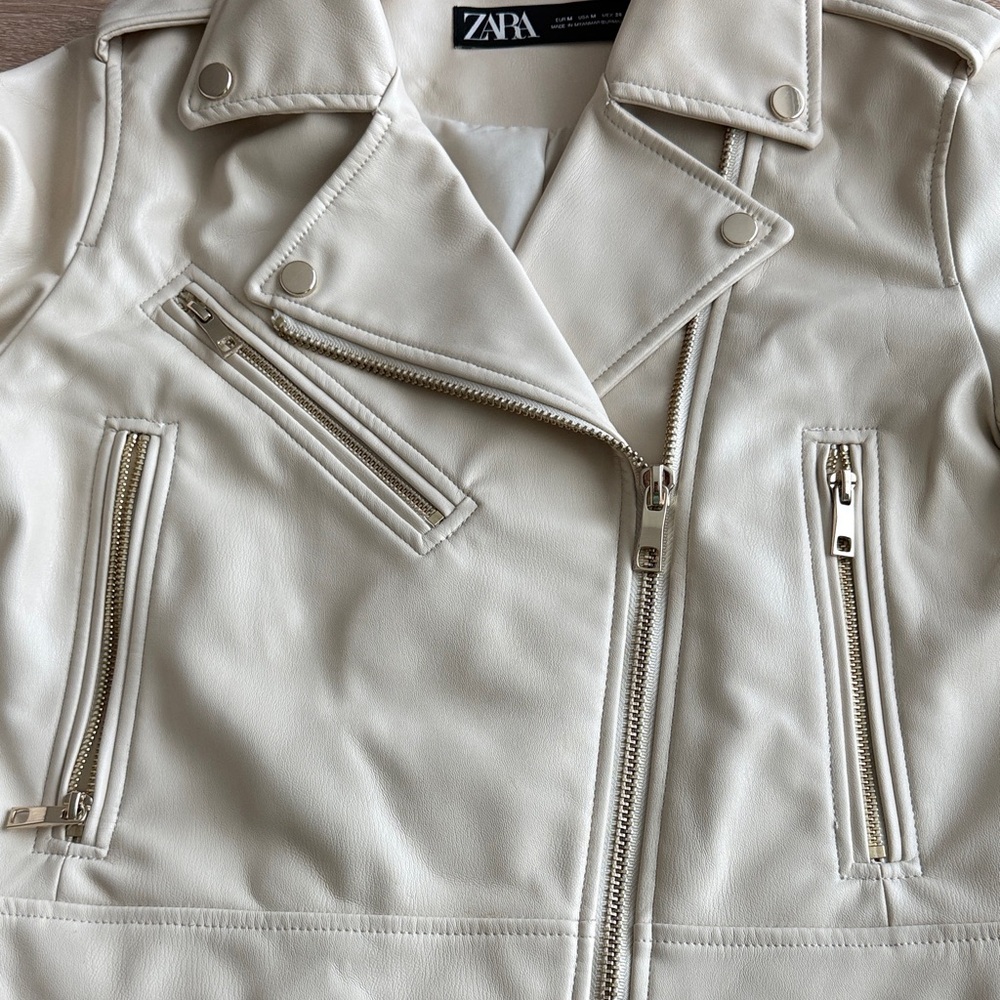 Zara Women's Off-White Leather Biker Jacket - Picture 3 of 4